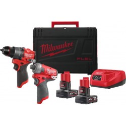 Milwaukee 4933480594 M12 FPP2E2-402X Powerpack Perceuse à percussion M12 FPD2 + Tournevis à percussion M12 FQID 12V 4.0Ah en boî