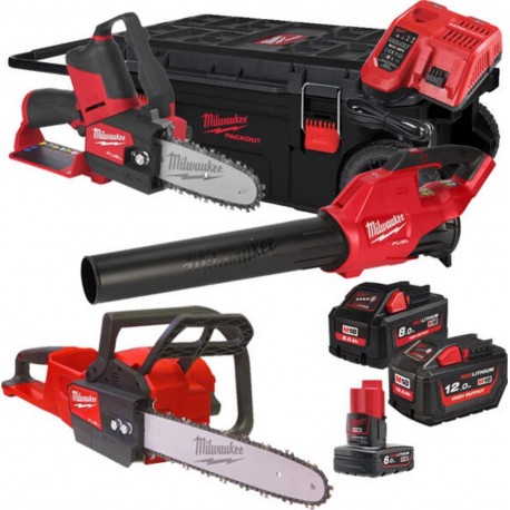 Milwaukee 4933492814 M18 FPP3OPL5-823P Comboset 12V 6Ah/18V 8,0/12Ah Li-Ion - Tronçonneuse M18 FCHS + Souffleur de feuilles M18