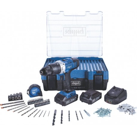 Scheppach 5909222904 DTB-20ProS Perceuse-visseuse Accu 20 volts 2,0 Ah Li-ion + jeu d'accessoires 206 pièces